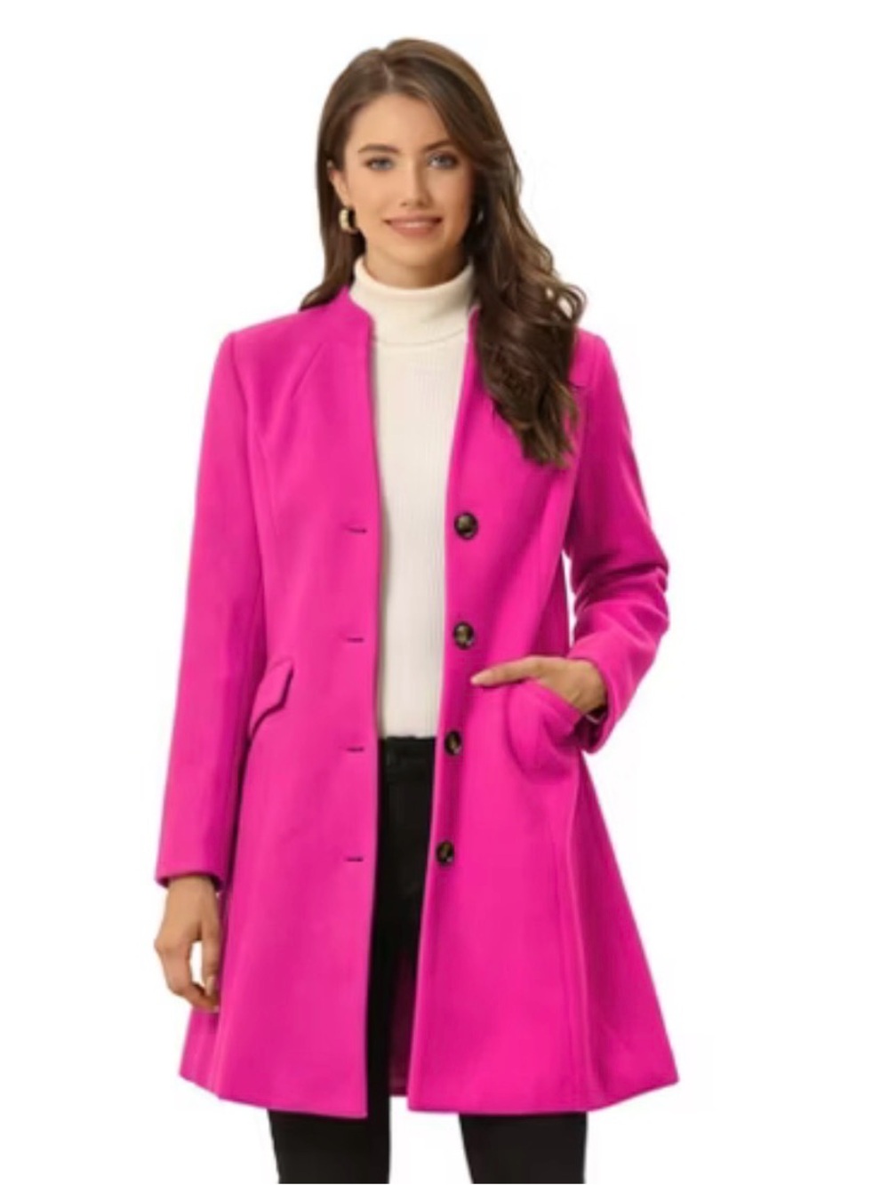 Women's Hot Pink Single-Breasted Wool-Blend Coat